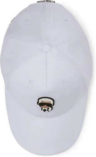 Vista 2 de Karl Lagerfeld Paris Gorra con logotipo de cabeza de carácter Karl de ala de cinta para mujer, Cinta blanca con logotipo
