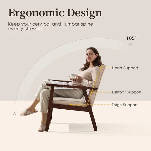 Vista 3 de Bonzy Home - Silla con acentos modernos de mediados de siglo, sillón tapizado de tela con marco de madera maciza, cómoda silla de ocio retro