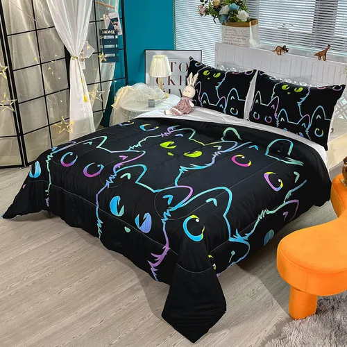 Vista 6 de BailiPromise Juego de edredón Kawaii de 3 piezas tamaño matrimonial, lindo juego de ropa de cama de dibujos animados de gatos, suave, cálido