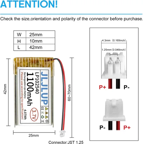 Vista 3 de Batería Lipo de 3.7 V 1100 mAh Baterías recargables de polímero de litio con cable JST1.0.984 in Conector Circuito de protección integrado