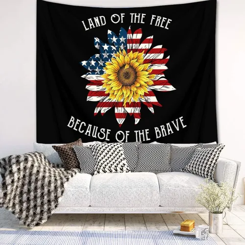 Vista 3 de LB Tapiz de bandera estadounidense de girasoles, tapiz con cita inspiradora, tapiz para colgar en la pared, tapiz floral negro y amarillo, tapices