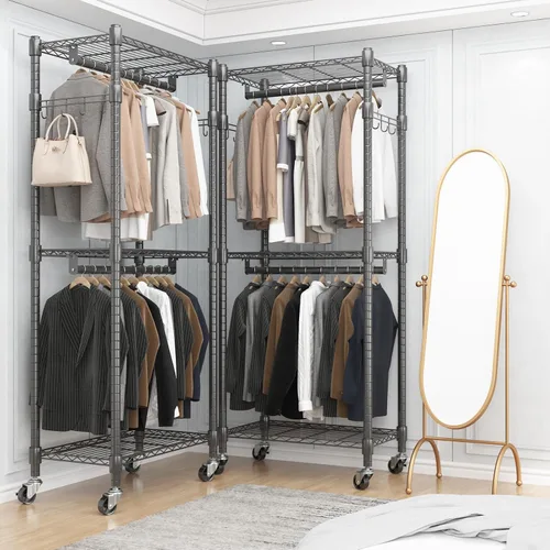 Vista 5 de BATHWA Perchero angosto de 2 niveles para colgar ropa, perchero portátil que ahorra espacio con ruedas y varillas dobles, 8 perchas, ajustable, Negro