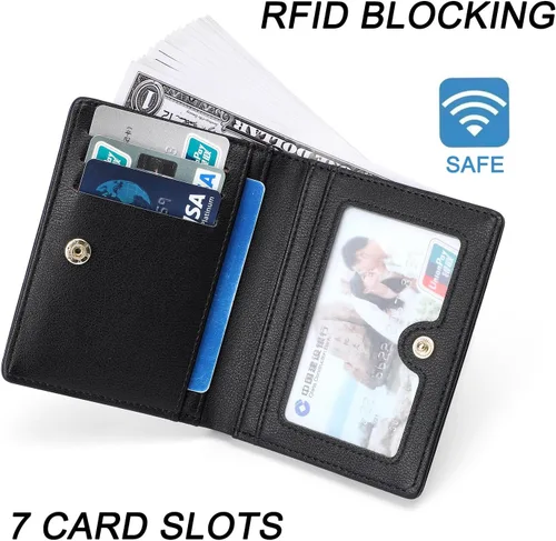 Vista 3 de Cartera pequeña para mujer con bloqueo RFID, cartera de bolsillo doble, cartera compacta y delgada para mujeres, carteras mini para mujeres, Negro