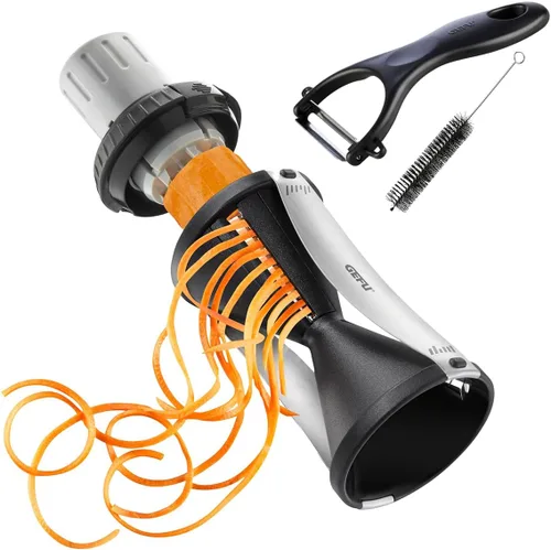 Vista 6 de GEFU Spiral Slicer SPIRELLI 2.0 Black Edition with Vegetable Holder and Brush, Julienne Cutter for Vegetables up to Diameter 5 cm with 2 Cutting