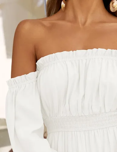 Vista 5 de ZESICA - Vestido largo, bohemio y sexy, con hombros descubiertos y manga larga fruncida, con elástico fruncido, cintura alta y abertura lateral