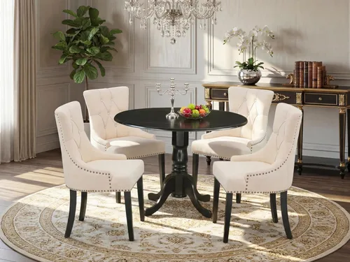 Vista 2 de East West Furniture DLFR5-BLK-02 - Juego de mesa de comedor moderno de 5 piezas, incluye una mesa redonda de madera con gotas y 4 sillas tapizadas
