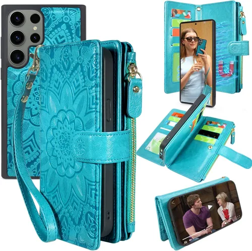 Vista 9 de Harryshell Funda de cuero desmontable con cremallera magnética con bolsillo para monedas, 12 ranuras para tarjetas, correa de muñeca para Samsung