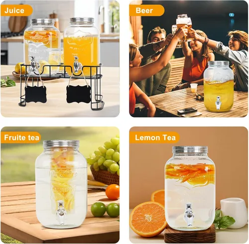Vista 8 de Paquete de 2 dispensadores de bebidas de vidrio de 1 galón para fiestas - Dispensador de bebidas a prueba de fugas con soporte, grifo, cilindro