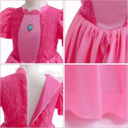 Vista 3 de Atchca Disfraz de princesa melocotón para niñas, vestido de princesa melocotón con accesorios