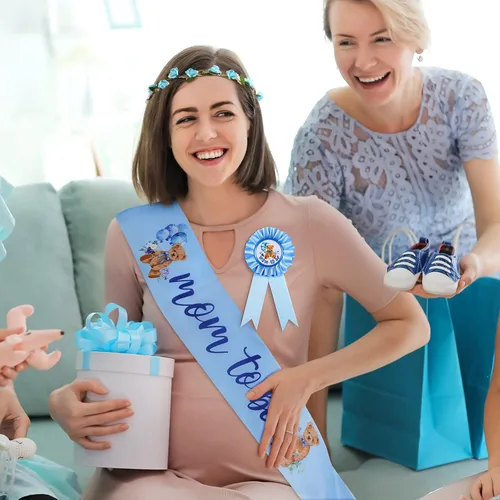 Vista 7 de Tiamon Banda temática de oso para baby shower, baby shower, diadema con corona de flores para revelaciones de género, fiesta de baby shower, Azul