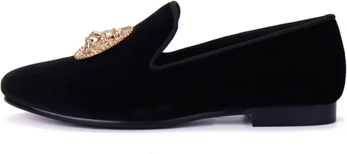 Vista 3 de Ajuste negro terciopelo mocasines zapatos para hombres con hebilla de león dorado hecho a mano pisos