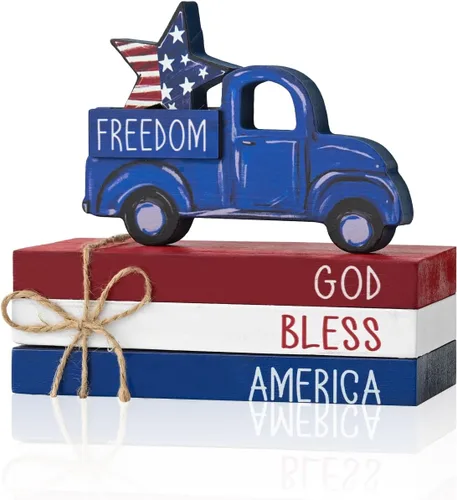 Vista 9 de Smile 4 de julio 250th Anniversary - Bloque de madera con decoración de Estados Unidos, 5 piezas "Land of the Free", bandeja patriótica escalonada