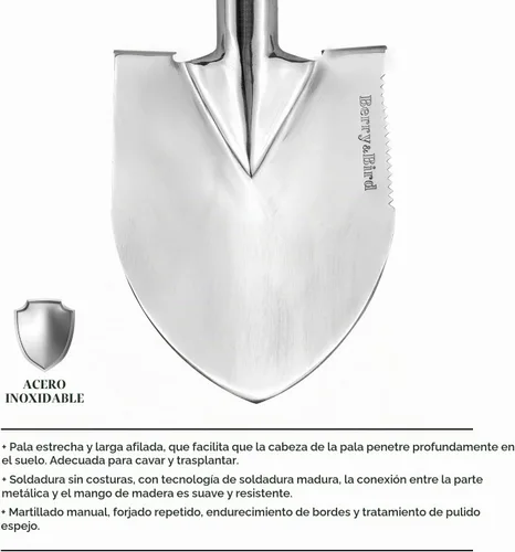 Vista 3 de Berry&Bird Pala de mano corta, paleta de excavación de 19.8 pulgadas para jardinería con mango de madera, pala de punta redonda de acero inoxidable
