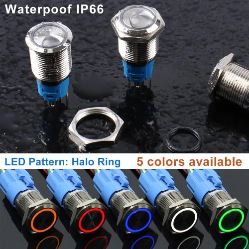 Vista 5 de 2 interruptores de botón de bloqueo de 0.630 in 12V-24V 1NO 1NC impermeable IP66 botón de metal autobloqueante para orificio de montaje de 5/8