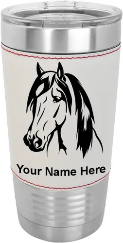 Vista 10 de LaserGram Vaso aislado al vacío de 20 onzas, cabeza de caballo 1, grabado personalizado incluido (cuero sintético, rústico)