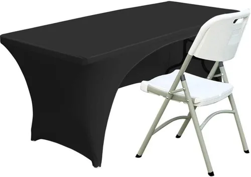 Vista 18 de Funda de mesa de poliéster ajustada de 4 pies con spandex, cubierta de mesa elástica, protector de mesa con parte trasera abierta - Negro