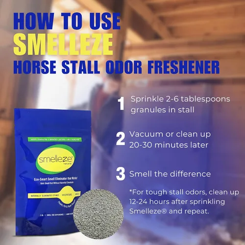 Vista 5 de SMELLEZE Refrescante natural para puestos de caballo y eliminador de olores: gránulos de 2 libras. Elimina el olor de la orina y las heces. Mantiene