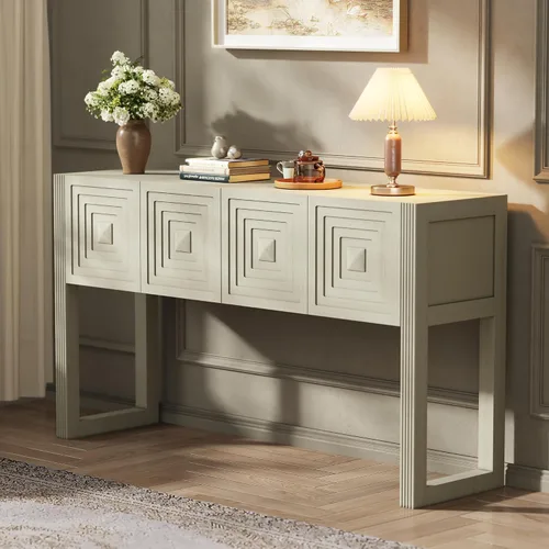 Vista 16 de LUMISOL Mesa consola geométrica tallada con 3 cajones, mesa de sofá de granja detrás del sofá con almacenamiento y detalles de patas acanaladas