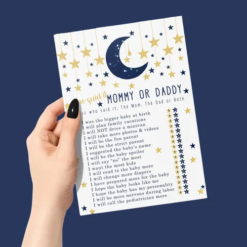 Vista 4 de Paper Clever Party Twinkle Little Star - Juegos de baby shower para niños, 25 tarjetas de juego de Adivina quién mamá o papá, divertidas actividades