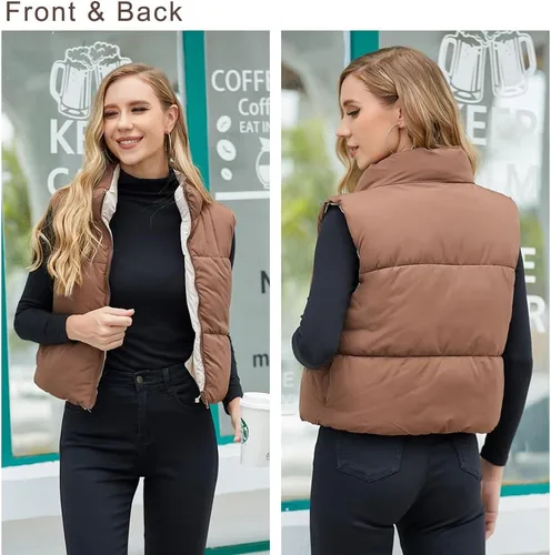 Vista 5 de Chaleco corto de invierno para mujer, ligero, reversible, cálido, chaleco acolchado, chaleco acolchado
