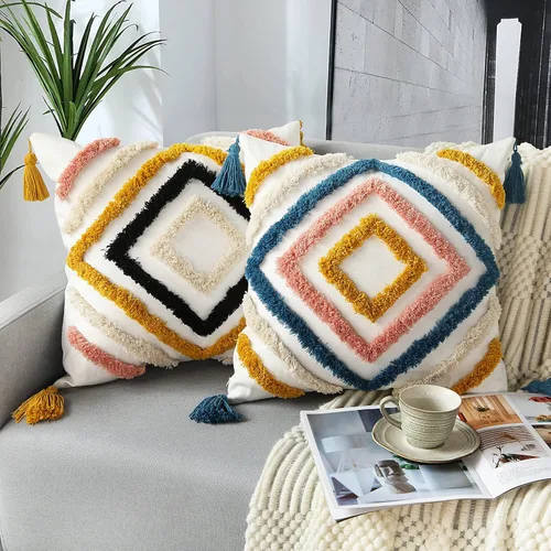 Vista 6 de JASEN Fundas de almohada bohemias, fundas de almohada decorativas tejidas con borlas y patrón de diamantes para sofá, dormitorio, sala de estar, sin