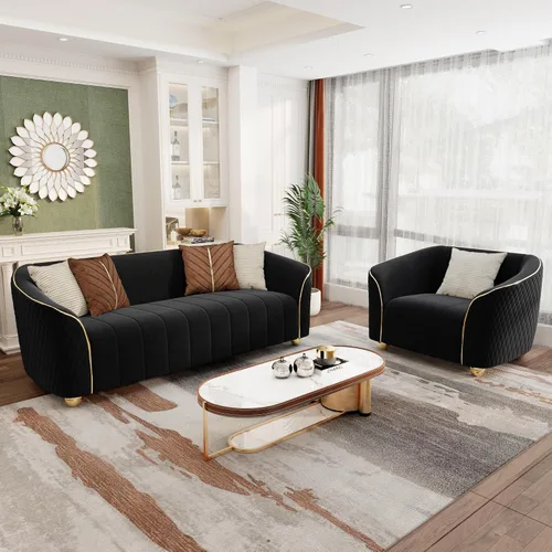 Vista 17 de Sofá de lujo de terciopelo retro de 3 plazas, cómodo sofá biplaza tapizado de terciopelo de 86 pulgadas con patas y almohadas de metal dorado, sofá