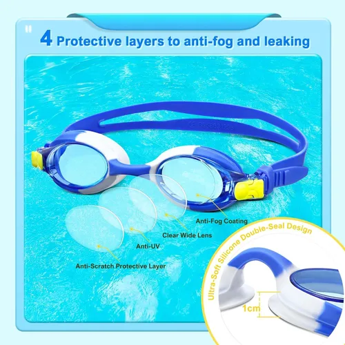 Vista 2 de Gafas de natación para niños con estuches, paquete de 2 gafas de natación antivaho sin fugas 180° visión clara gafas para niños