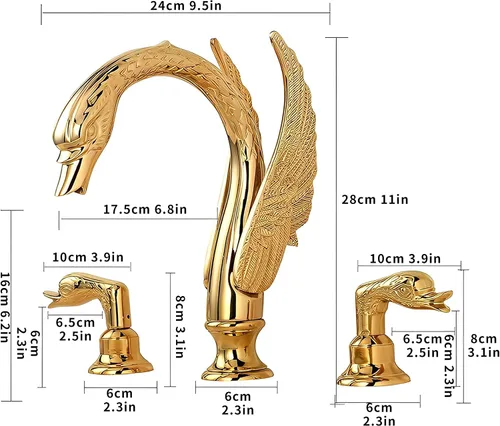 Vista 8 de Oro dorado adornado estilo cisne baño fregadero grifo combinado cubierta montaje fregadero mezclador grifo conjunto agua fría caliente