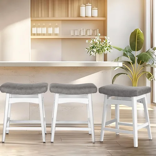 Vista 19 de ALPHA HOME Taburete de bar, taburete de cocina de silla de montar de madera maciza con cojín de tela de lino beige, taburete de bar de altura