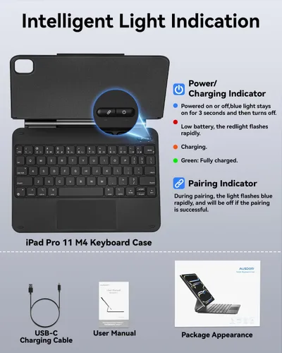 Vista 9 de AUSDOM Funda para iPad Pro de 11 pulgadas con teclado (M5/M4, 2025/2024), funda de teclado para iPad Pro de 11 pulgadas (M4) con soporte magnético