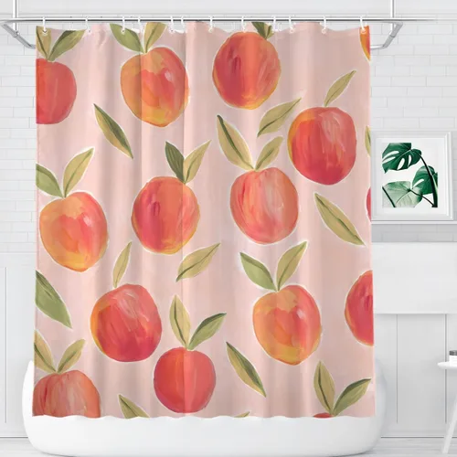 Vista 11 de KOMIKU Juego de cortina de ducha estética de frutas con diseño floral de cereza rosa, decoración de baño de frutas de verano, de poliéster, lona