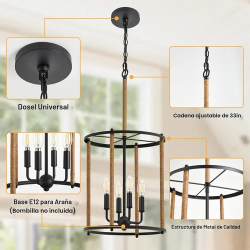 Vista 3 de Luvkczc Candelabro de 4 Luces, Luz de Techo Estilo Granja, Lámpara de Linterna Negra Accesorios de Iluminación con Jaula de Cuerdas, Altura