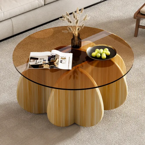 Vista 10 de Mesa de centro redonda de 31.5 pulgadas con parte superior de vidrio templado, mesa de cóctel moderna de mediados de siglo con base inspirada