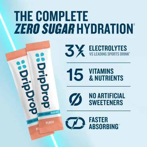 Vista 2 de DripDrop Hydration Zero Sugar - Paquetes de electrolitos, melocotón, 30