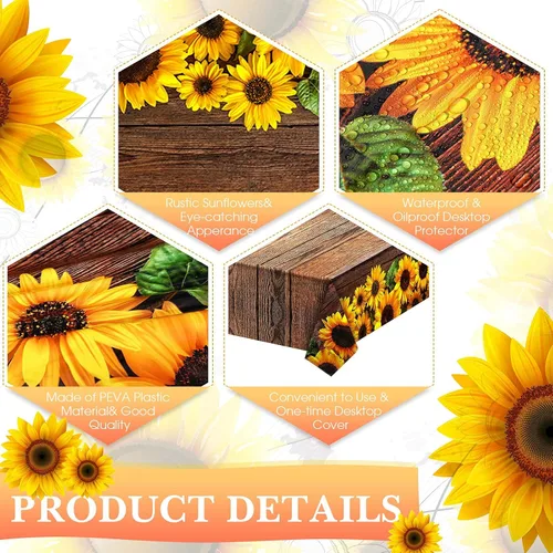Vista 3 de Tegeme Mantel desechable de plástico de madera con girasol, 42.5 x 70.8 pulgadas, 1 unidad
