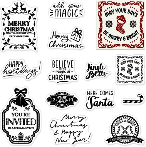 Vista 6 de Sellos transparentes con palabras de Feliz Navidad para hacer tarjetas y llevar diario, sellos de goma con palabras de Feliz Año Nuevo, sellos