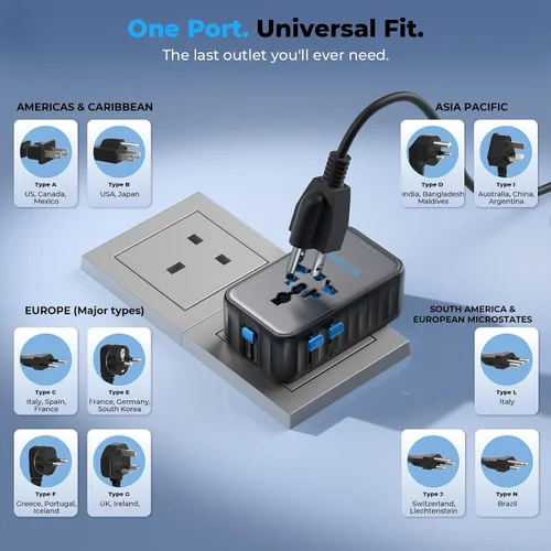 Vista 6 de Adaptador de viaje universal ultrafino Aura 45W 6 en 1 para hogar y Negro medianoche