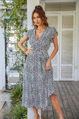 Vista 9 de PRETTYGARDEN - Vestido floral de verano para mujer cruzado con cuello en V manga corta con cinturón dobladillo con volantes acampanado vestido