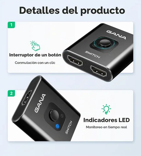 Vista 7 de Interruptor HDMI 4 K a 60 Hz, interruptor HDMI bidireccional de aluminio GANA 2 en 1 salida, concentrador HDMI manual compatible con HD compatible