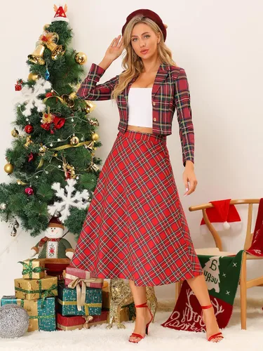 Vista 3 de Allegra K Blazer corto de tartán de tartán elástico con solapa con muescas para mujer
