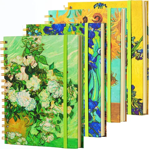 Vista 8 de 4 paquetes de cuadernos A5 Van Gogh con cubierta superdura en espiral, cuadernos de espiral con tapa dura, diarios en espiral, diarios encuadernados