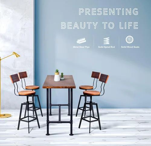 Vista 6 de Taburetes de bar industriales con respaldo de madera de 25 a 32 pulgadas de altura ajustable para isla de cocina, silla de comedor, taburete extra
