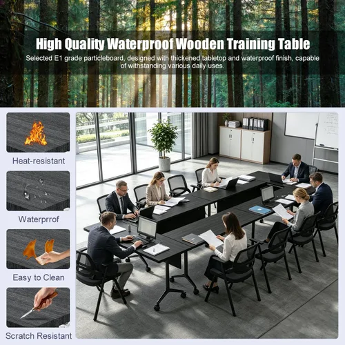 Vista 5 de Mesas plegables para sala de conferencias, mesa de entrenamiento móvil abatible con ruedas giratorias de 360°, mesa de conferencias moderna Ébano
