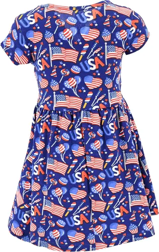 Vista 4 de Unique Baby Vestido sin mangas con estampado de bandera patriótico para niñas, Azul, blanco, rojo.