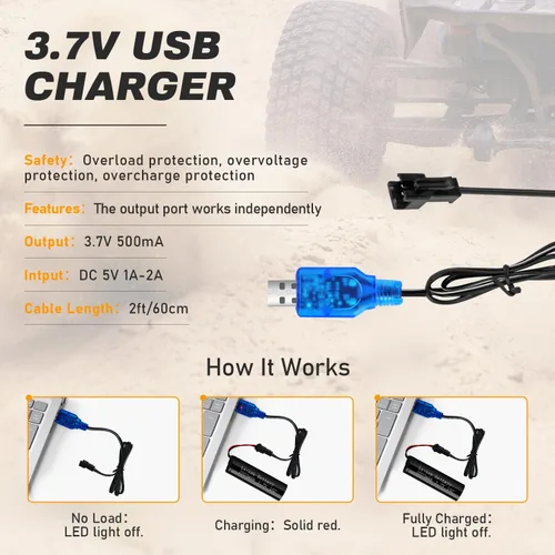 Vista 6 de Batería de iones de litio de 3.7 V 2000 mAh, paquete de 2 con 2 cargadores USB, enchufe SM-2P, batería recargable 15C RC compatible con autos