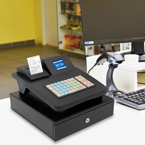 Vista 2 de DYNAMI Caja registradora comercial, caja registradora electrónica de 48 llaves con cajón de efectivo y monedas, pantalla de doble cara, impresión