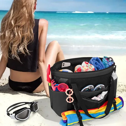 Vista 8 de Fasrom Extra Large Mesh Beach Bag with Zipper Bottom Family Beach Tote Bag with Wet and Dry Separation Patent Design