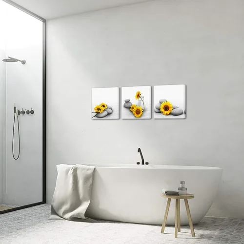 Vista 4 de Biuteawal Lienzo de girasol para pared, 3 piezas, pintura amarilla y gris, relajante con piedra zen, ilustraciones impresas para spa, baño, sala