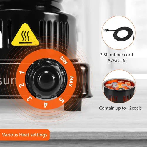 Vista 5 de Quemador eléctrico de carbón de coco de 600 W ETL para barbacoa camping cocina Fast Heating Coal Burner Hot Plate, Detachable Handle, Stainless