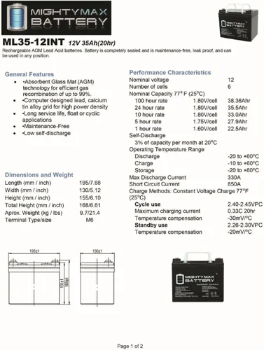 Vista 6 de Mighty Max Battery ML35-12 - Batería INT de 12V 35AH - Paquete de 2